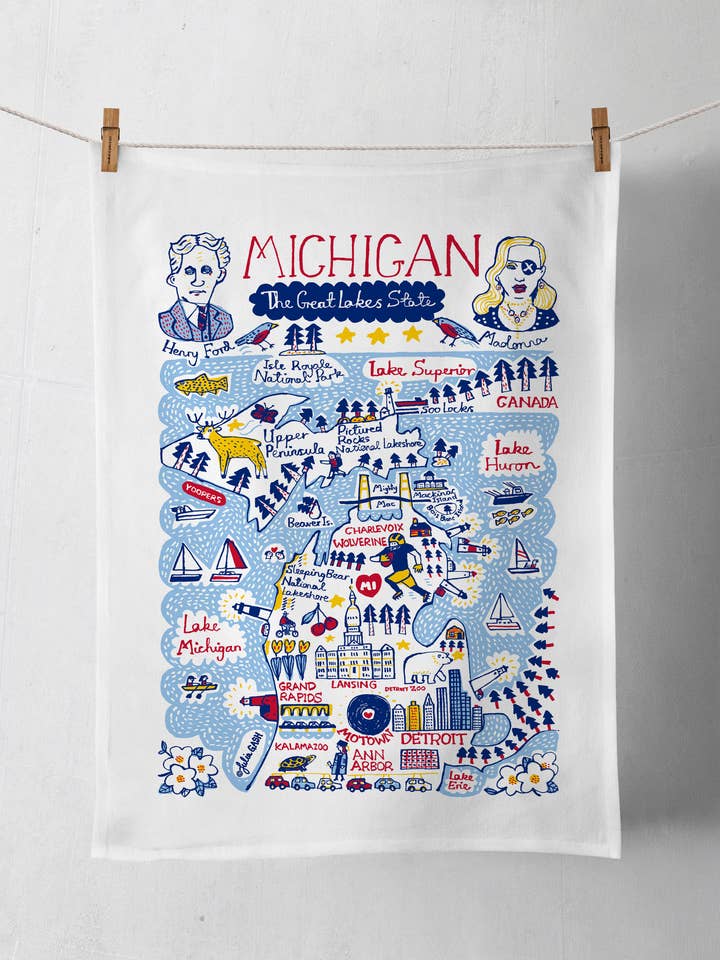 Michigan Boutique Map Art Tea Towel for wholesale by Morado Designs