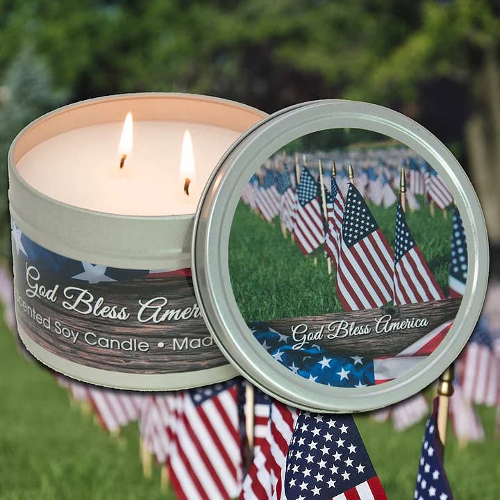 Tin Collection - God Bless America, Only $4.95 ea. for wholesale by The Candle Cottage & DUOS Dual Fragrance Candles