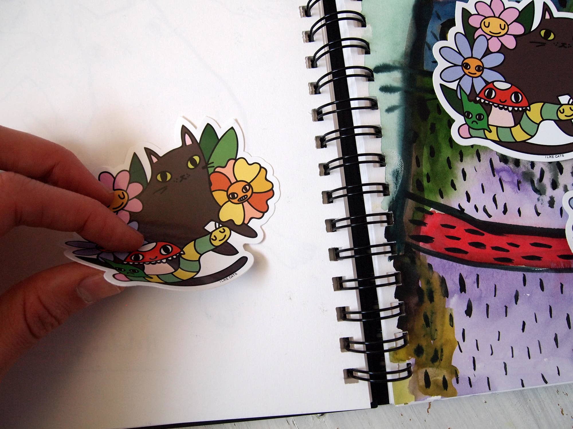 I LIKE CATS - Wholesale Sticker - Black cat with flowers, bugs and mushroom vinyl sticker3