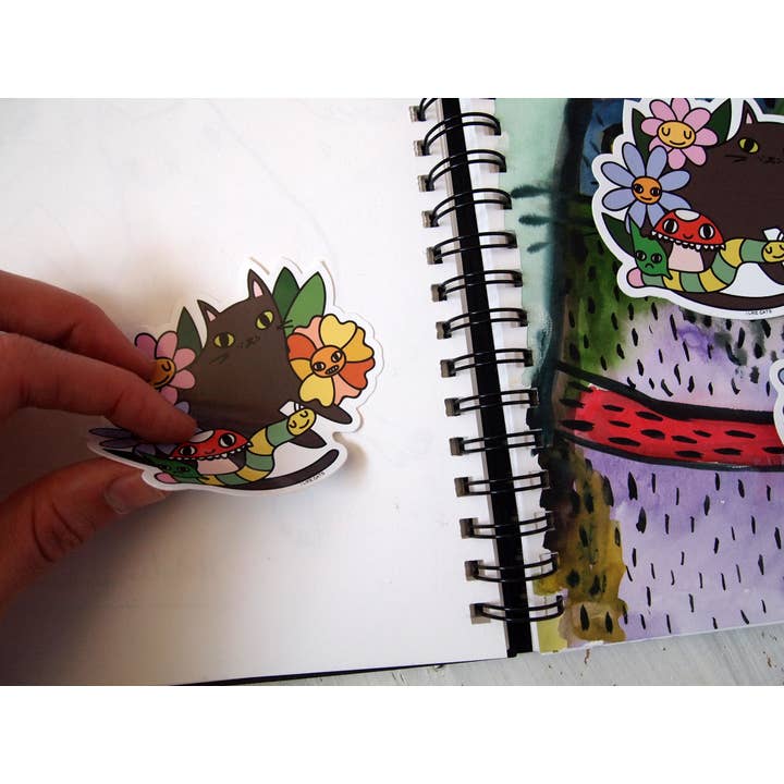 I LIKE CATS – wholesale Sticker – Black cat with flowers, bugs and mushroom vinyl sticker3