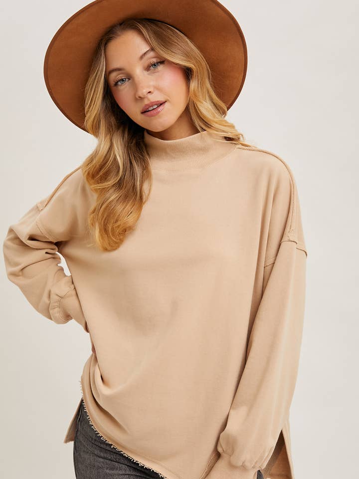 RAW EDGE SIDE SLIT MOCK NECK KNIT TOP for wholesale by Bluivy