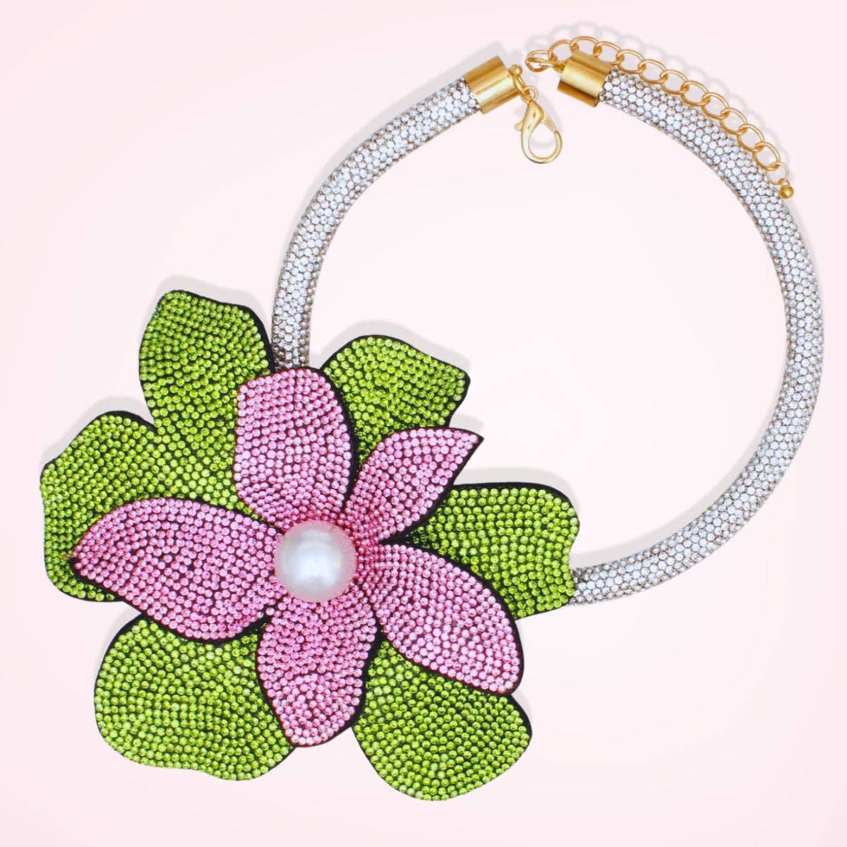 Kleur: Roze en Groen AKA Handgemaakte Briljantie Bloemen Choker Ketting voor groothandel op Faire1