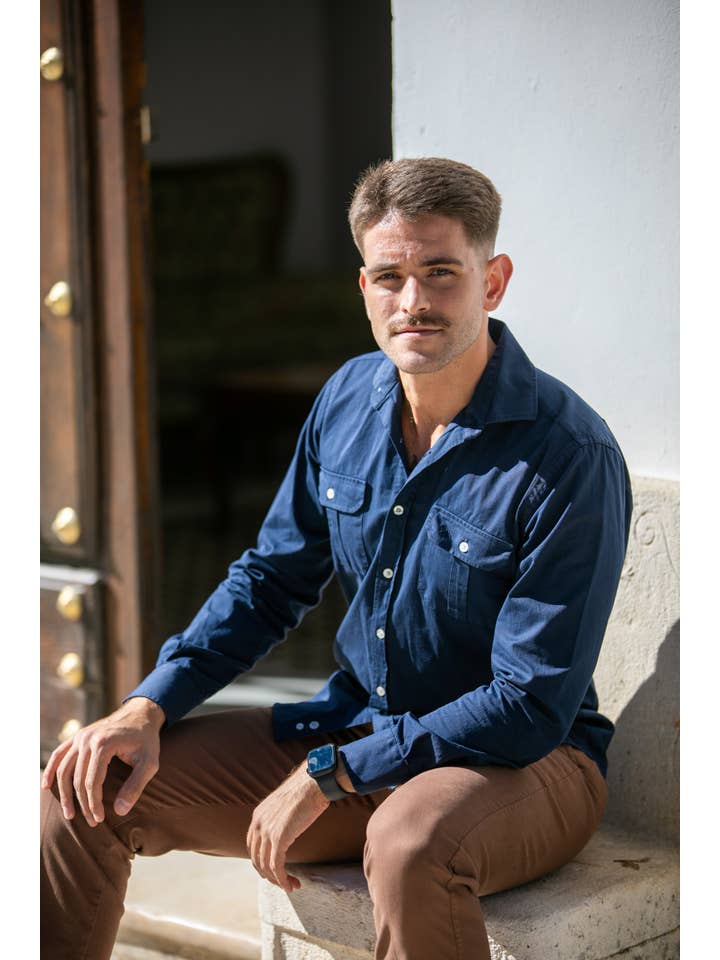 Custi Mikelo: Men's Clothing & Christmas Gifts - Wholesale Button Down Shirt - Men's - Washed Cotton Overshirt Navy Blue | Formentera