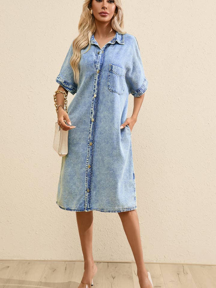 Light Blue Loose Medium Wash Chambray Dress with Short Sleeves for wholesale on Faire14