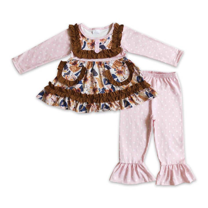 Floral runic pink polka dots ruffle pants girls fall clothing for wholesale by Yawoo Garments