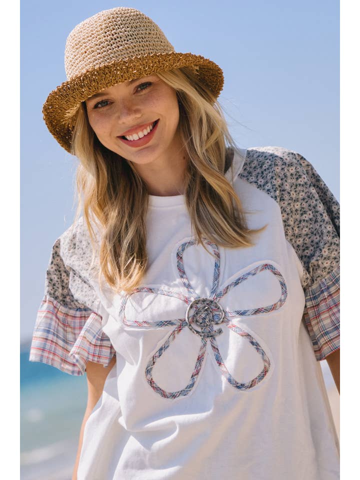 White Plus Contrast Color Block Short Sleeve Knit Top for wholesale on Faire