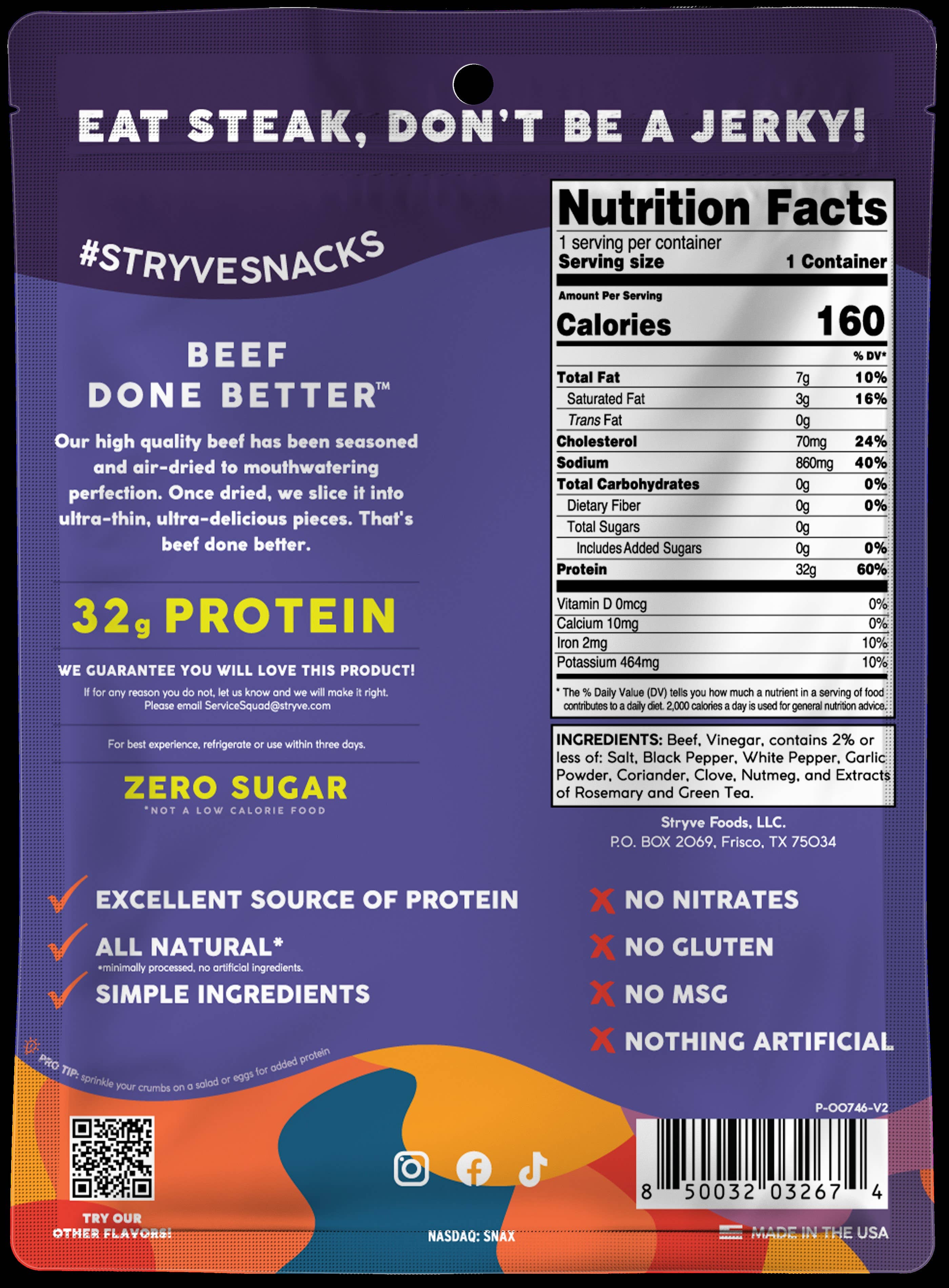 Stryve Foods, LLC - Wholesale Jerky - Stryve Thinly Sliced Steak Original - 2oz1