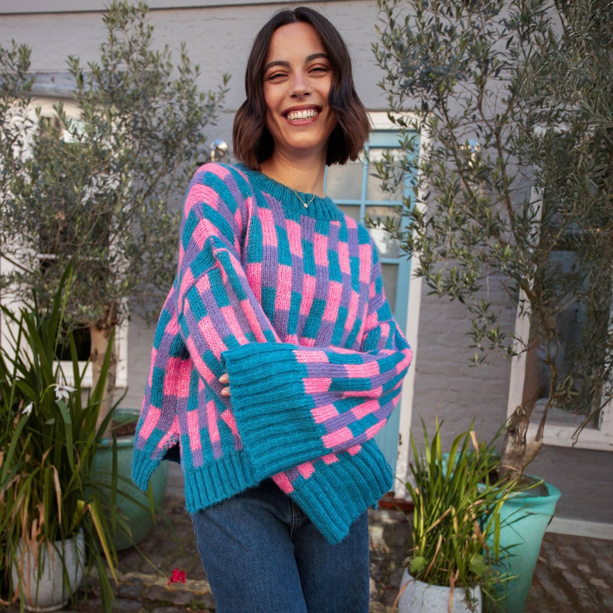 Cara & The Sky - Vendita all'ingrosso Maglione tricot - Donna - Maglione a Maglia con Ampie Maniche a Motivo Geometrico Charlotte - Teal6