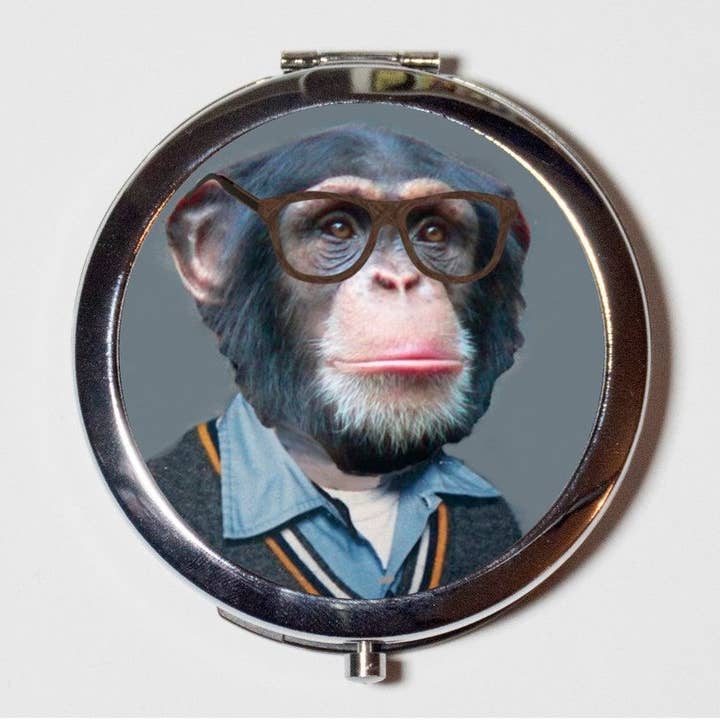 FringePop - Wholesale Compact Mirror - Monkey Nerd Compact Mirror - Yearbook Photo Anthropomorphic Animal with Eyeglasses Pop Art Hipster - Make Up Pocket Mirror for Cosmetics