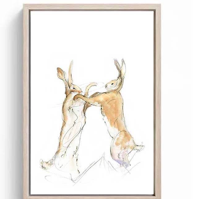 Limited Edition Canvas Print Chris and Ben the Boxing Hares Bear wood Frame for wholesale by Wendy Laverick