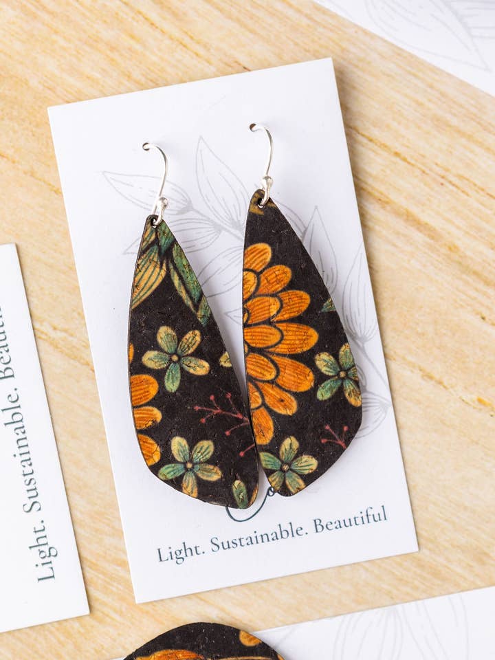 Floral on Black Cork Earrings - Small Wing for wholesale by Hello Lovely Cork Co.