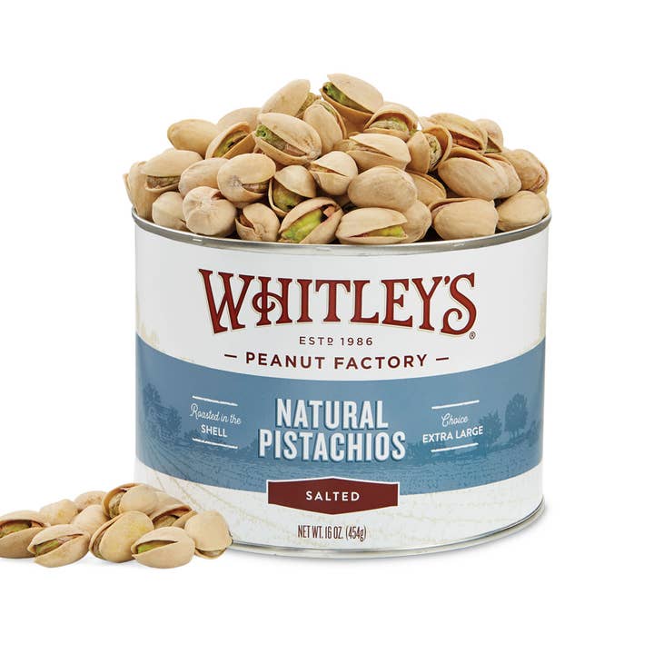 16 oz. Tins Natural Pistachios for wholesale by Whitley's Peanut Factory