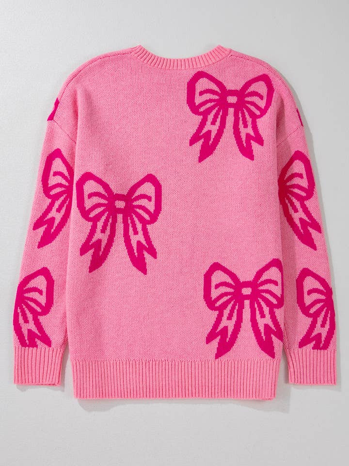 As shown Pink Valentine Bowknot Graphic Knit Sweater | S-XL for wholesale on Faire