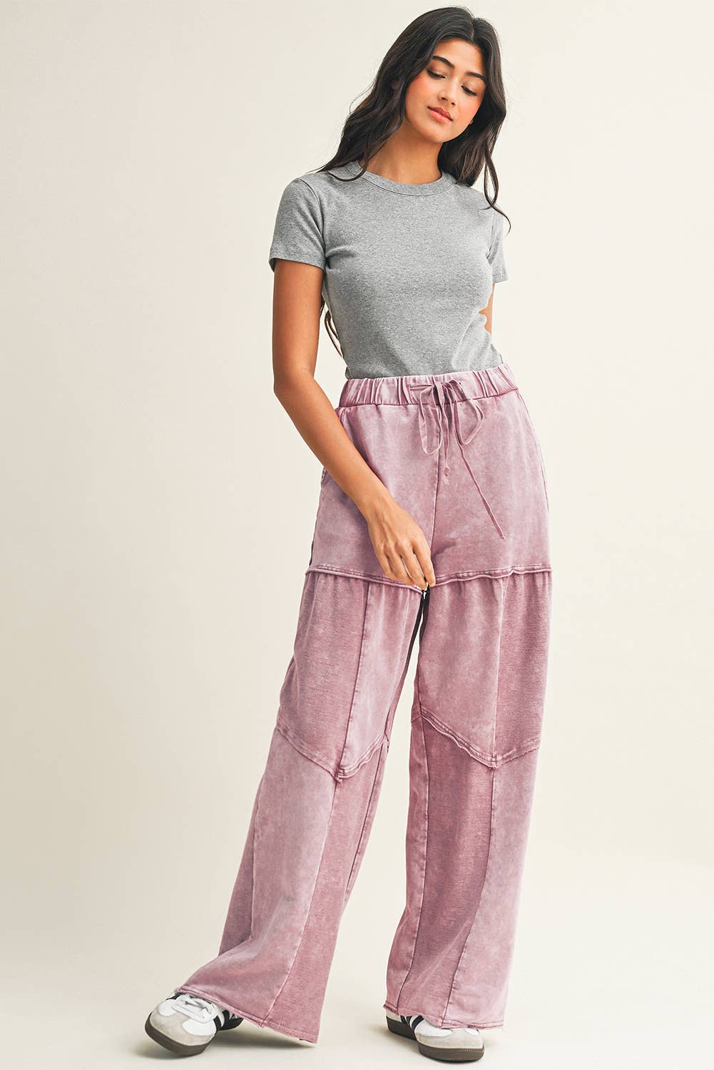 Little Daisy Closet - Wholesale Pants - Women's -  LDC Mineral Wash Tiered Wide Leg Patchwork Drawstring Pants8