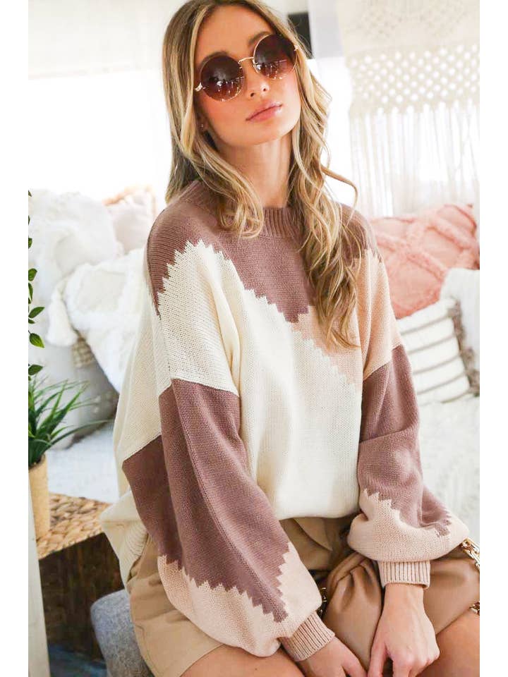 Vine & Love - Wholesale Knit Sweater - Women's - Color Block Round Neck Chunky Knitted Sweater Top VT8101714