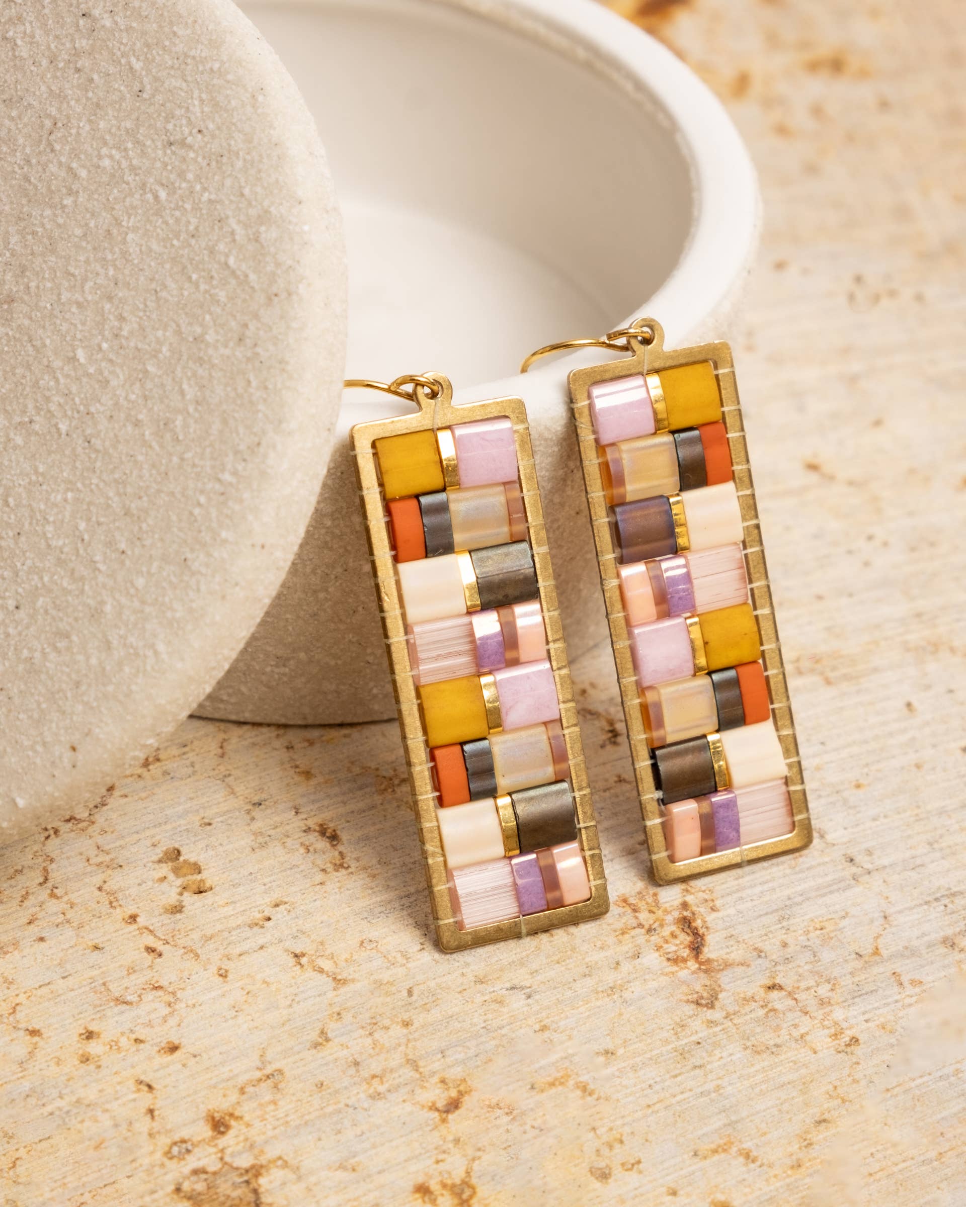 Mayana Designs Co - Wholesale Dangle Earrings - Beaded Handwoven Mosaic Tila and Brass Earrings (Lilac)1