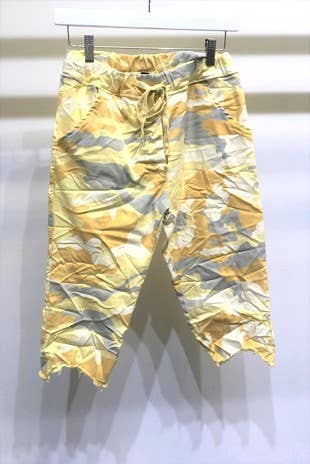 CAMOUFLAGE CRINKLE FRINGE HEM BERMUDA SHORTS (58381-CAMO) for wholesale on Faire1