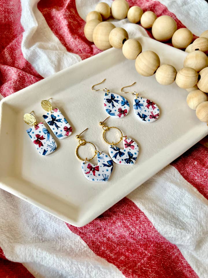 Patriotic Bow Earrings, Bow Clay Earrings for wholesale by SeizeTheClayJewelry