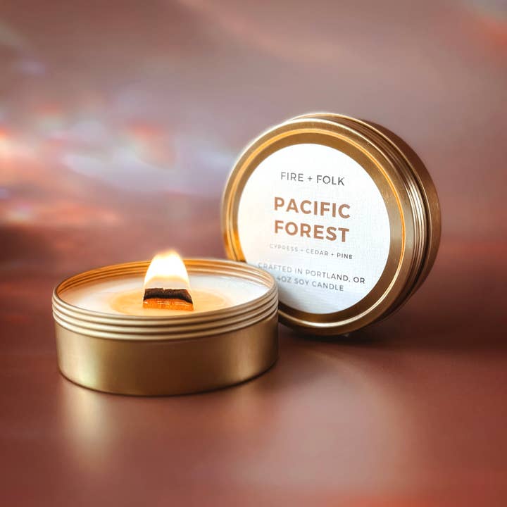 Pacific Forest | 4oz Wood Wick Candle Tin for wholesale by FIRE + FOLK