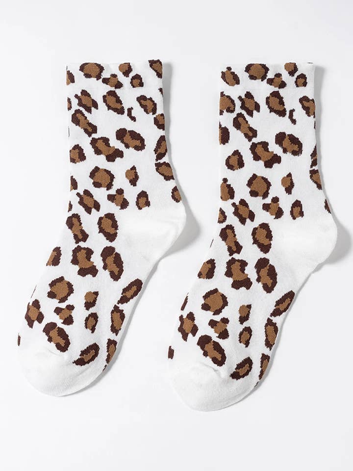 White Leopard Print Polyester Cotton Socks for wholesale on Faire3