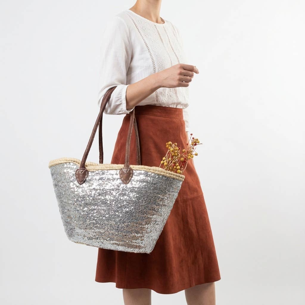 Melecraft – Engroshandel Strandtaske – Sølvglitrende palmehåndtaske, fransk markedskurv1