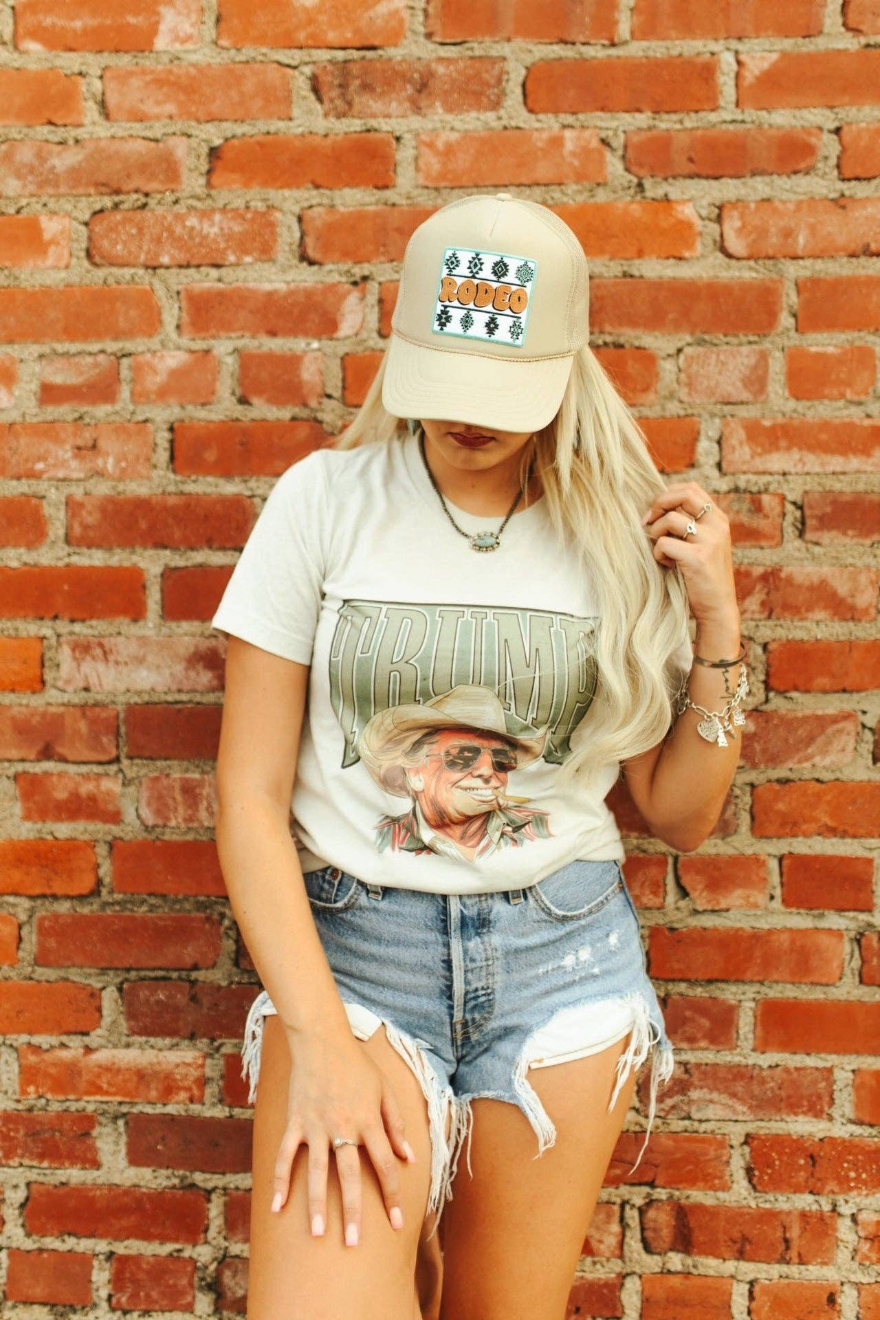 Khaki Aztec Rodeo Patch Trucker Hat for wholesale on Faire2