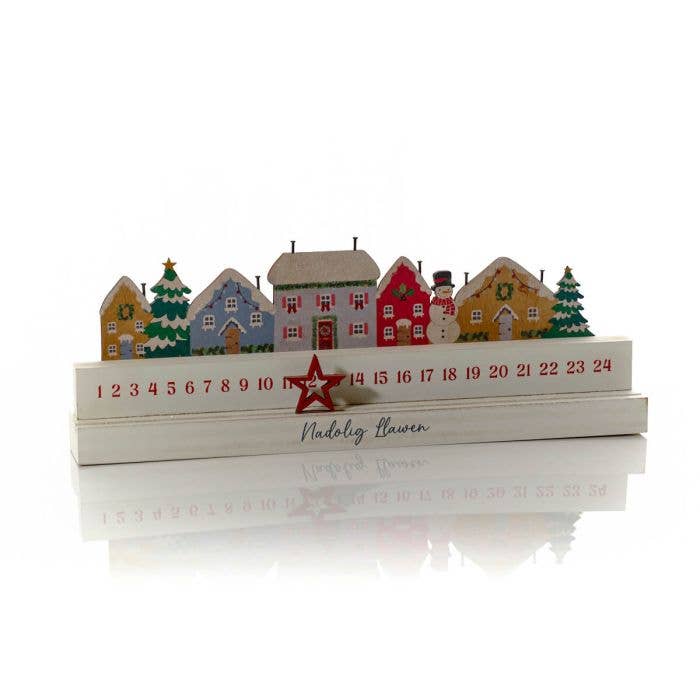 Langs - Wholesale Advent Calendar - Welsh Nadolig Llawen Snowy Christmas Cottage Calendar With Star Marker Wood Block1