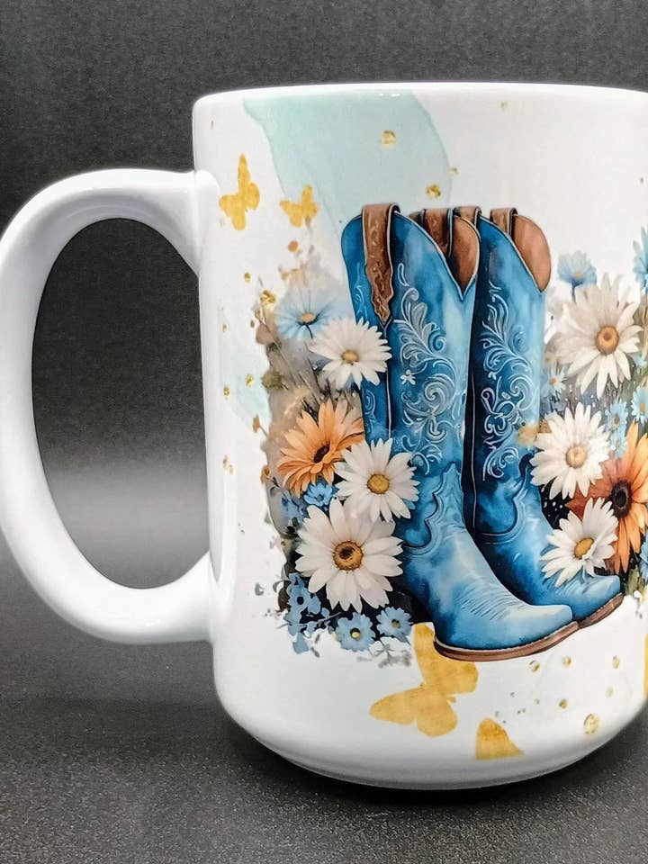 Teal Cowgirl Boots Coffee Mug 11oz - One of a Kind Western Gift for wholesale by American Taina Crafts