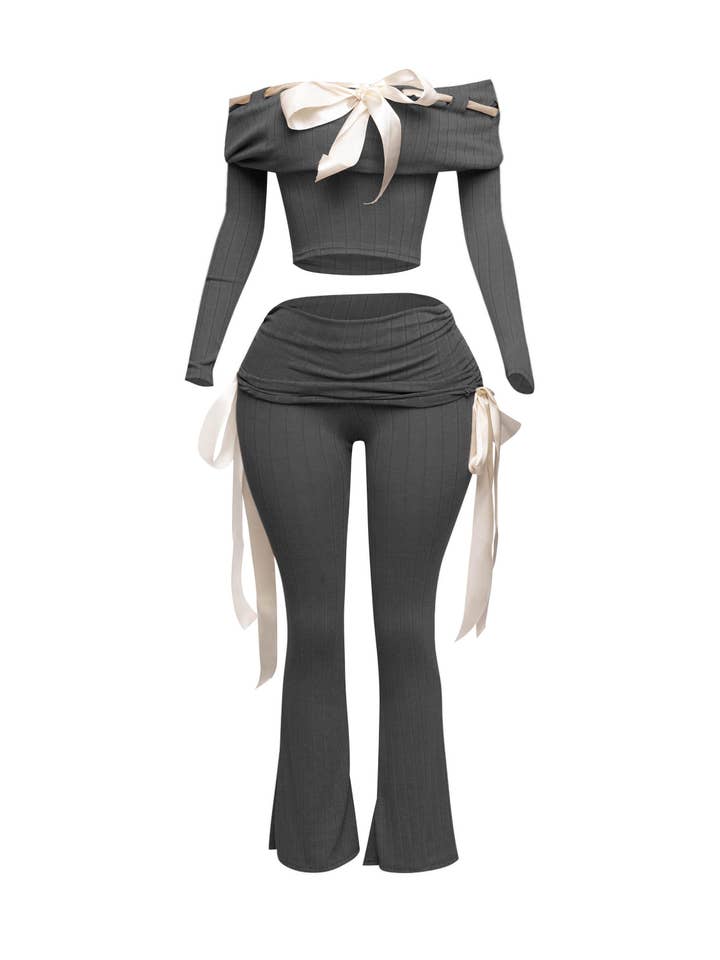 K Too - Wholesale Top & Pant Set (NOT Loungewear) - Women's - Off shoulder ribbon trim detailed top & pants set3