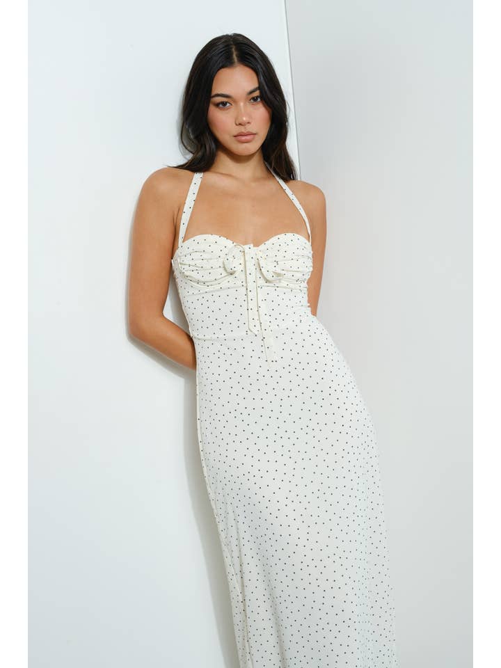 Ivory POLKA DOT HALTER NECK MAXI DRESS for wholesale on Faire