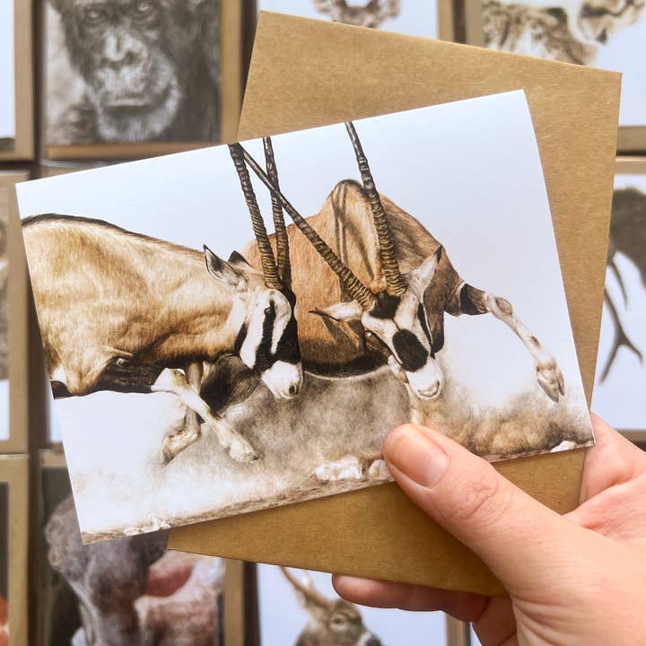 "Kick the Dust Up" Gemsbock Oryx Greeting Card for wholesale by Jenna Chartrand Coloured Pencil Fine Artist