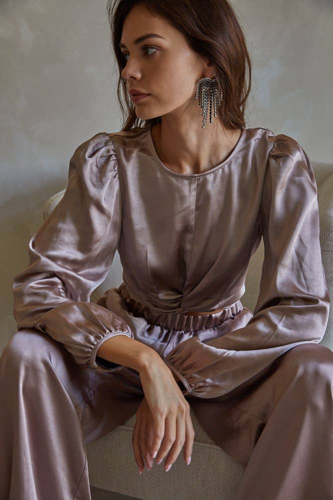 Mocha L5919 | Woven Satin Front Tie Detail Crop Top for wholesale on Faire2