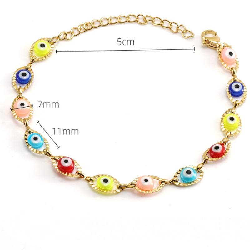 Mio Queena - Wholesale Charm/Dangle Bracelet - Enamel Evil Eye 18k Gold Plated Stainless Steel Bracelet-FGS13