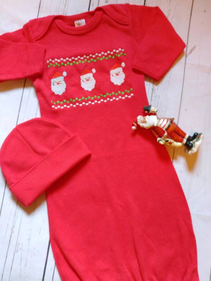 Baby Boy Christmas Faux Smocked Santa Gown with Beanie for wholesale by The Posh Layette