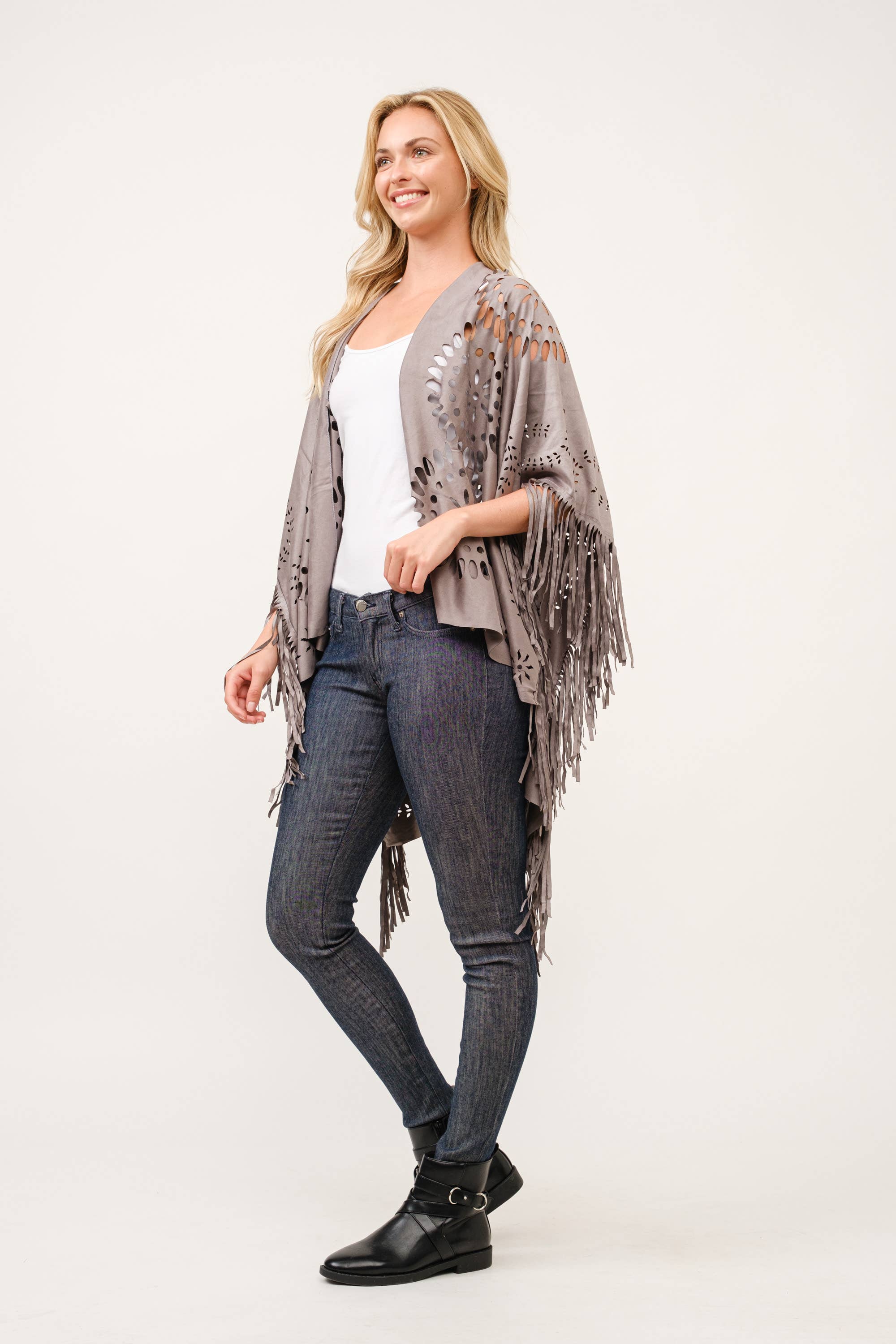 Raj Trading & Imports (USA) Inc. – wholesale Poncho – Women's – Willa Faux Suede Western Style Poncho Ruana1