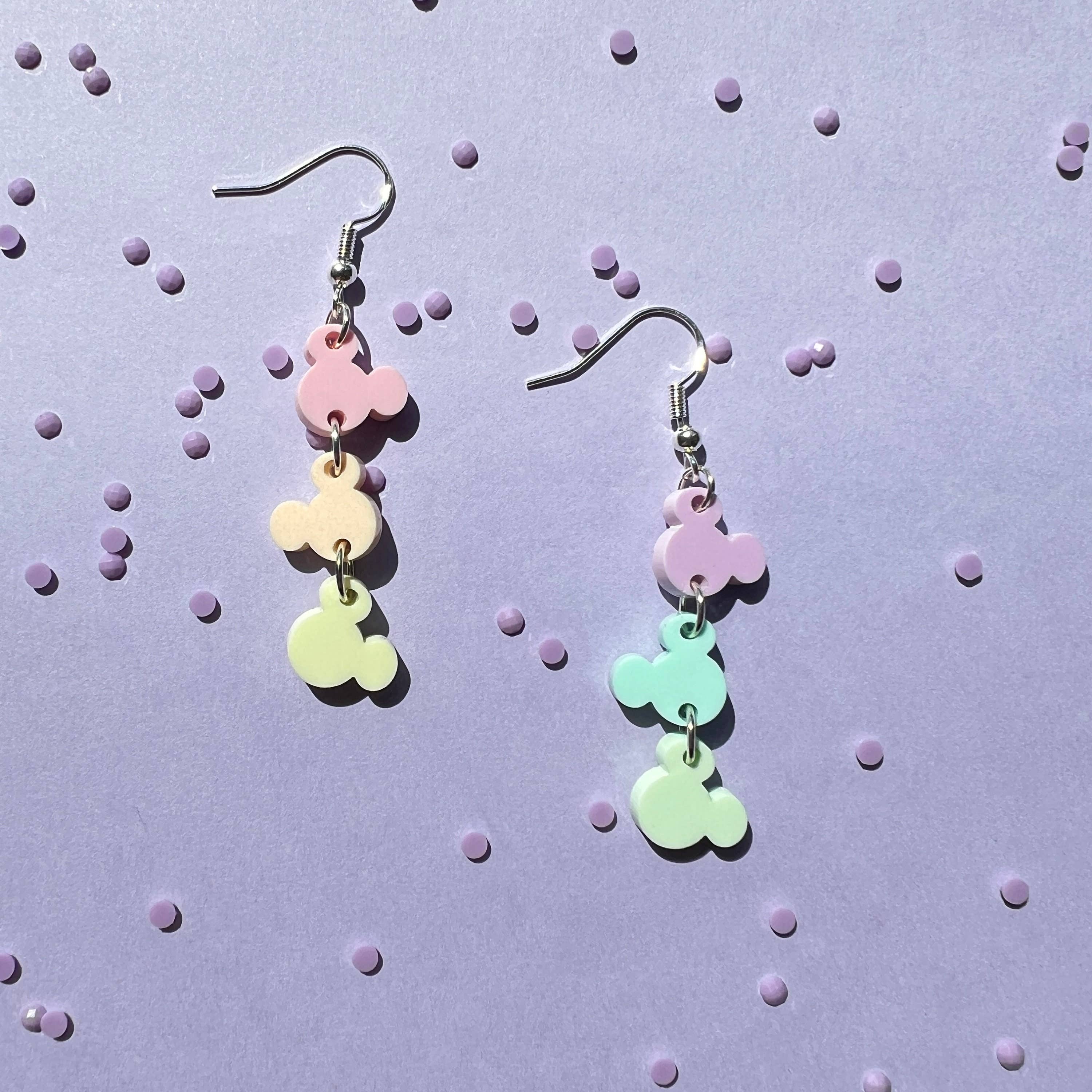 The Sweet Squid - Wholesale Dangle Earrings - Pastel Rainbow Mickey Head Chain Acrylic Dangle Earrings0