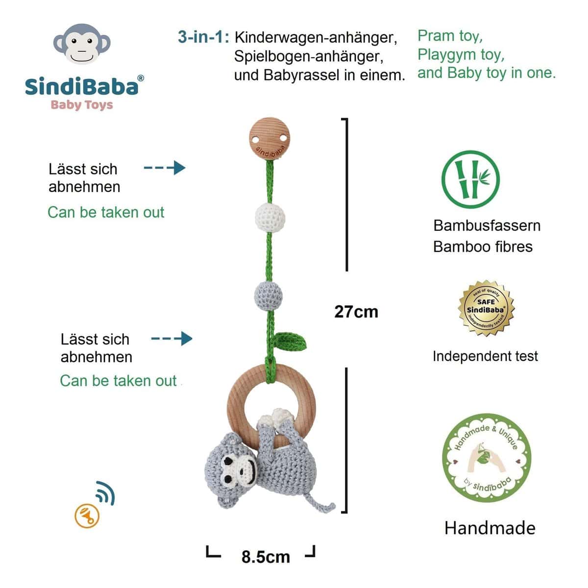 SindiBaba - Wholesale Classic Toy - Kids - Charlie monkey 3in1 hanging toy in grey2