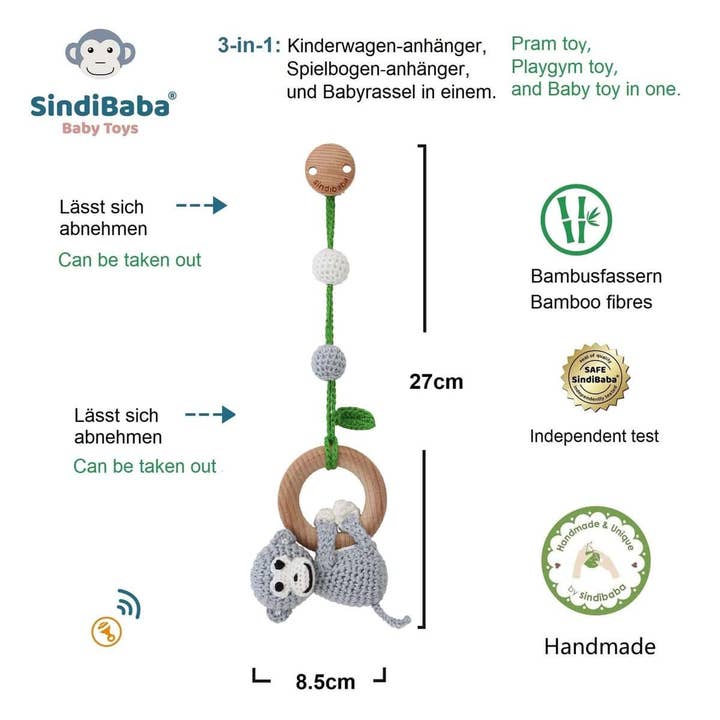 SindiBaba - Wholesale Classic Toy - Kids - Charlie monkey 3in1 hanging toy in grey2