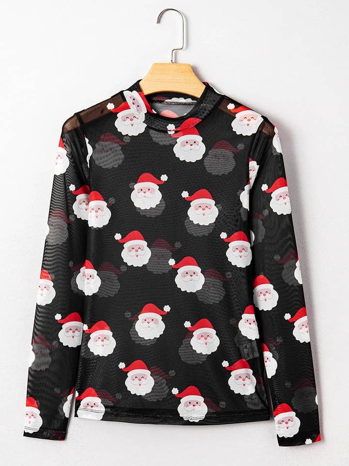NEGRO Top de manga larga ajustado con estampado navideño de venta al por mayor en Faire1