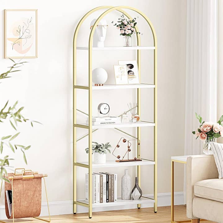 Bookshelf 5 Tier Bookcase Arched Display Racks Tall Standing Bookshelves Metal Frame Modern Storage Rack Shelf Large Wood Book Shelf for Bedroom, Living Room, Home Office, White/Gold for wholesale by ShipItFurniture