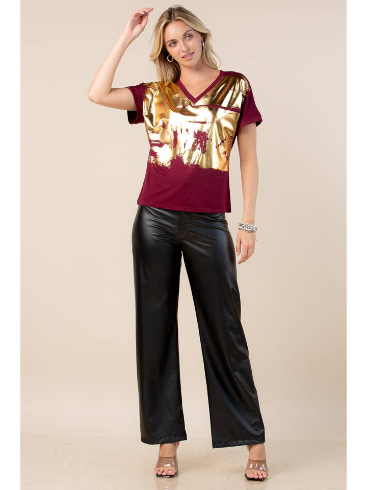 Nylon Apparel - Wholesale Blouse - Women's - T1639-Carmella-Solid Foil V Neck Short Sleeves Top3