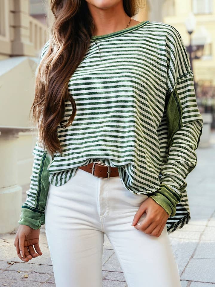 1 the Woman - Wholesale Blouse - Women's - Stripe Patchwork Round Neck Long Sleeve Blouse0