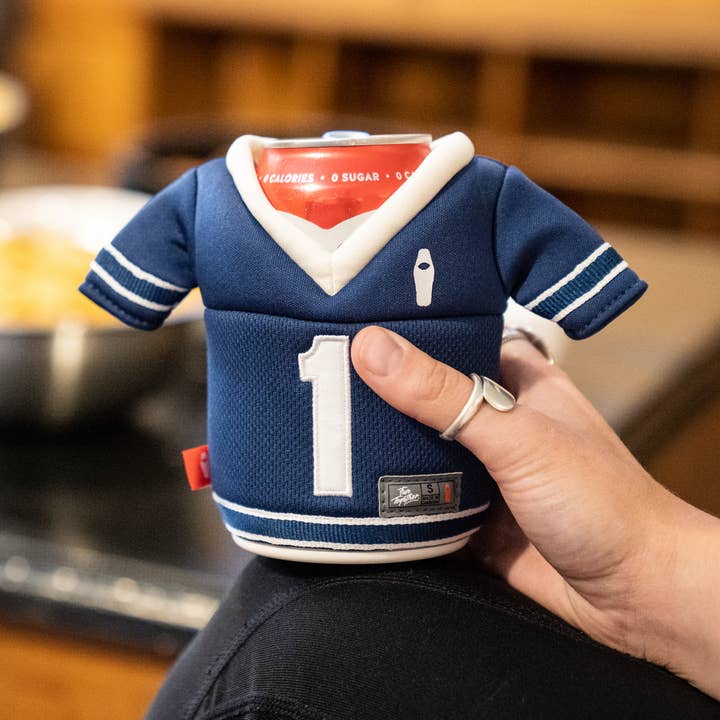 *ON SALE* Can Cooler - The Gridiron -Navy Blue & Sandy White for wholesale by Puffin Drinkwear