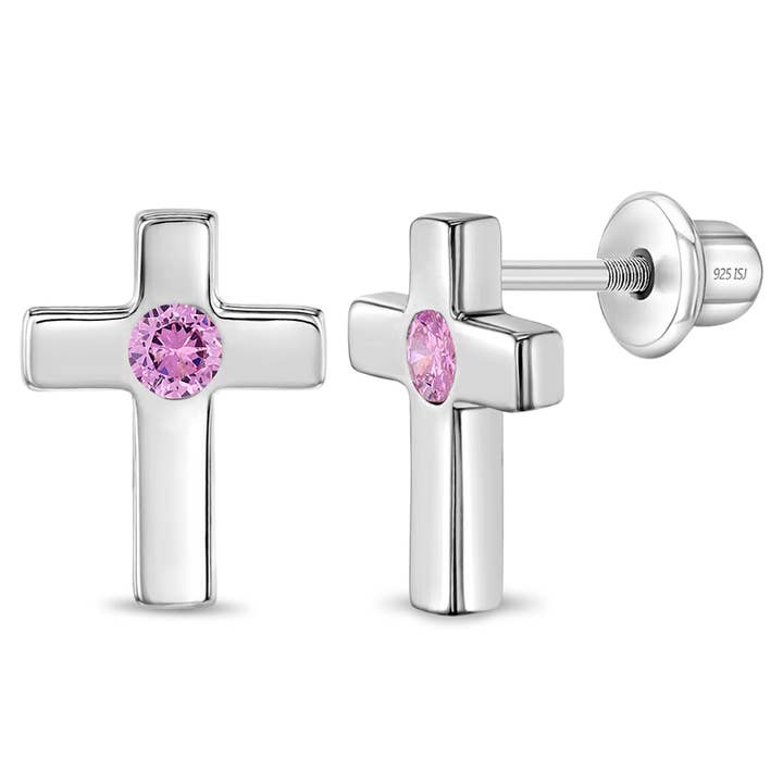 925 Sterling Silver Clear CZ Little Cross Screw Back Earring for wholesale by In Season Jewelry