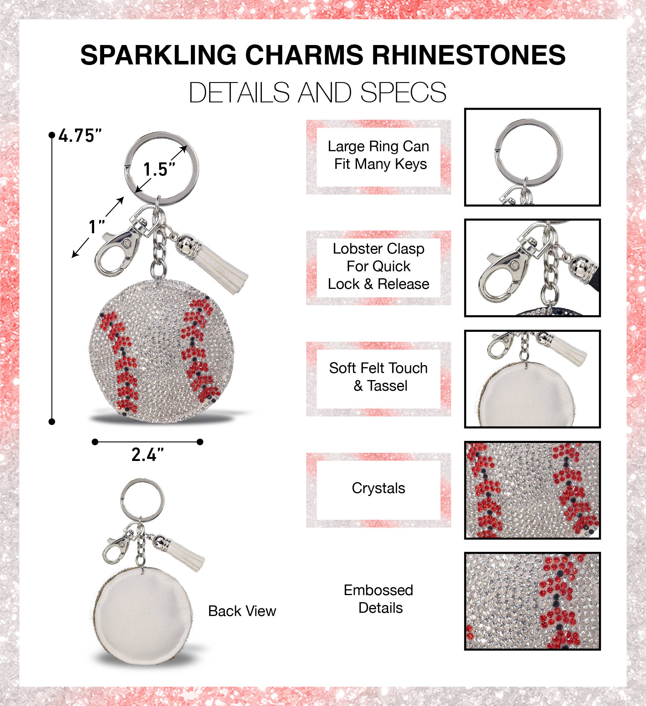 Cota Global - Wholesale Keychain - Unisex - Sparkling Rhinestones Charm With Tassel - Baseball1