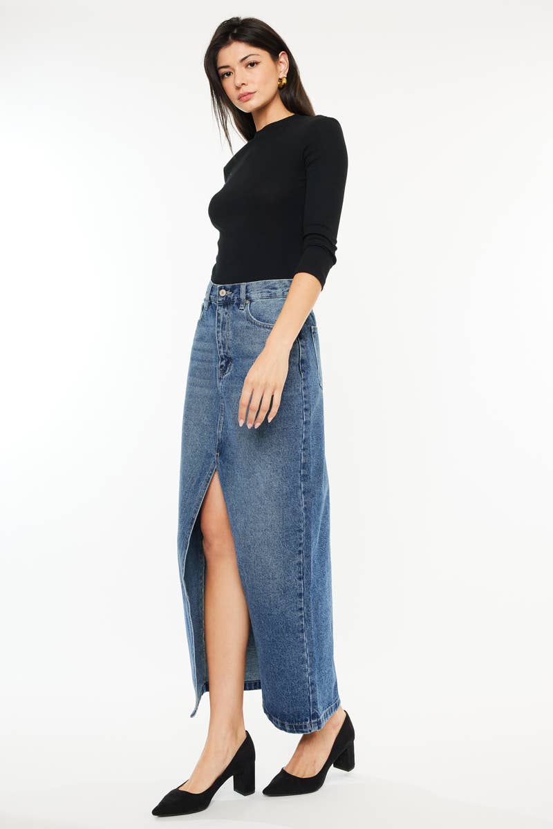 GEMIDDELDE 90's denim maxi-rok met middennaad en ritssluiting voor groothandel op Faire2