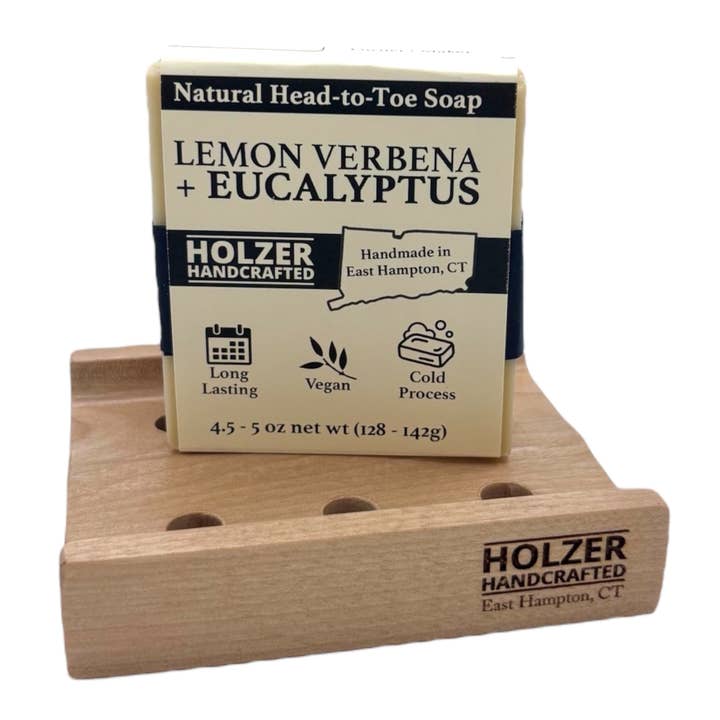 Soap + Soap Dish Gift Set - LEMON VERBENA + EUCALYPTUS Handmade Soap Bar + Handcrafted Hardwood Soap Dish | Natural Cold Process, Vegan, 4.5 oz | Lemon + Verbena + Eucalyptus Scented Soap for wholesale by Holzer Handcrafted ®