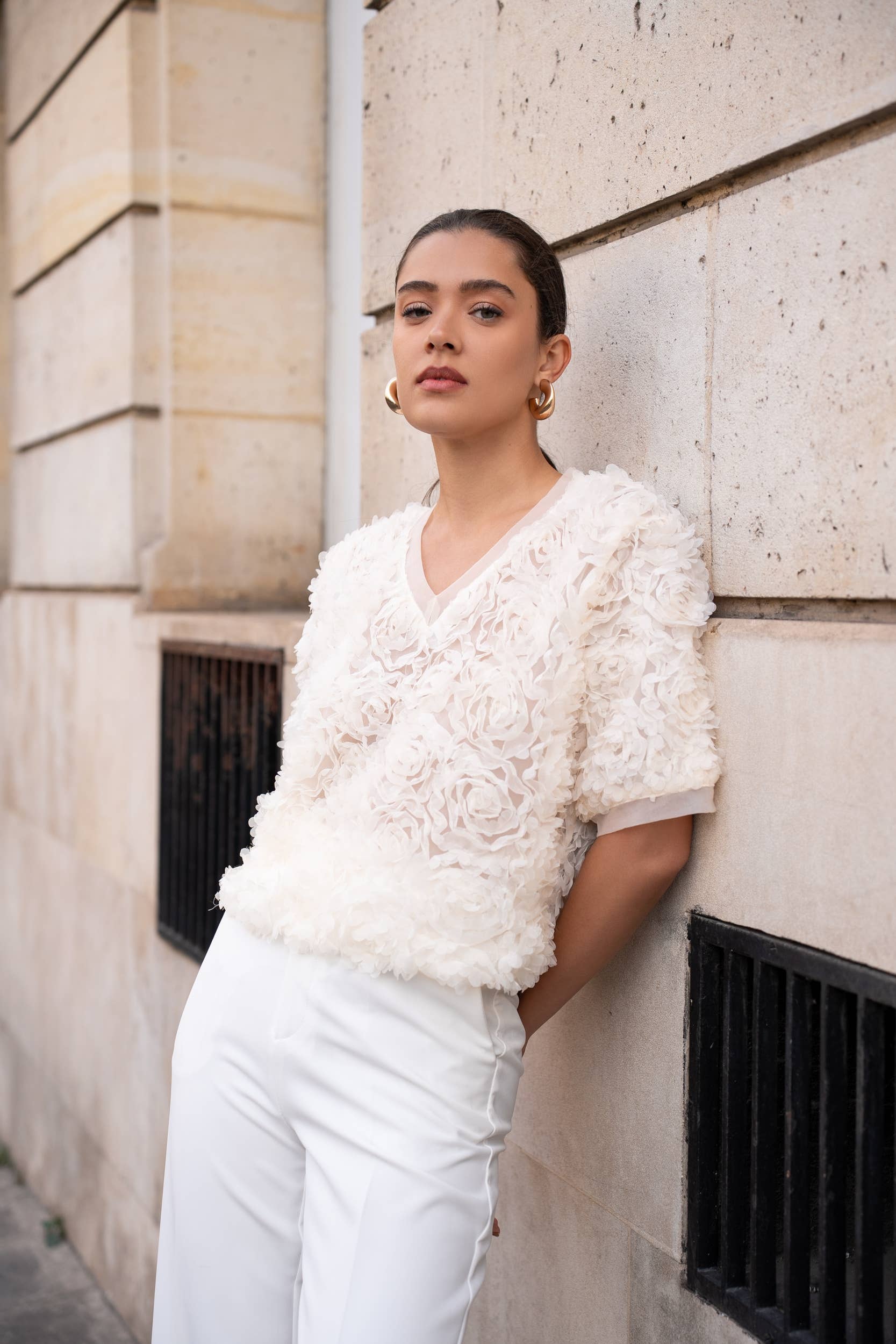 CHOKLATE PARIS – Blusa - Mulher por atacado – Blusa texturizada de mangas curtas com decote em V - CK083892