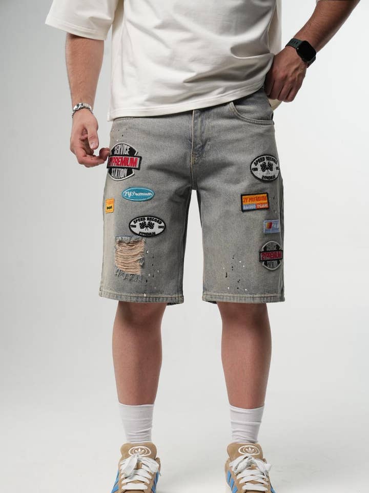 Blue Distressed Patchwork Denim Shorts 3143 for wholesale by Monocloth