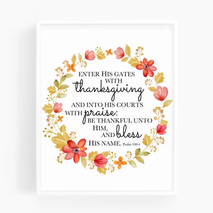 Psalm 100:4 | Bible Verse Art Print | Watercolor Fall Wreath for wholesale by Scripture and Grace